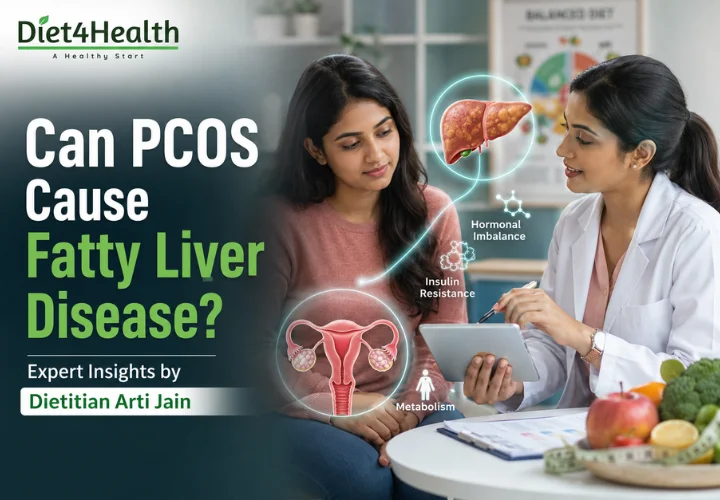 Can PCOS cause fatty liver disease? Indian woman consulting a dietitian with medical illustrations showing the connection between PCOS, insulin resistance, and fatty liver disease.