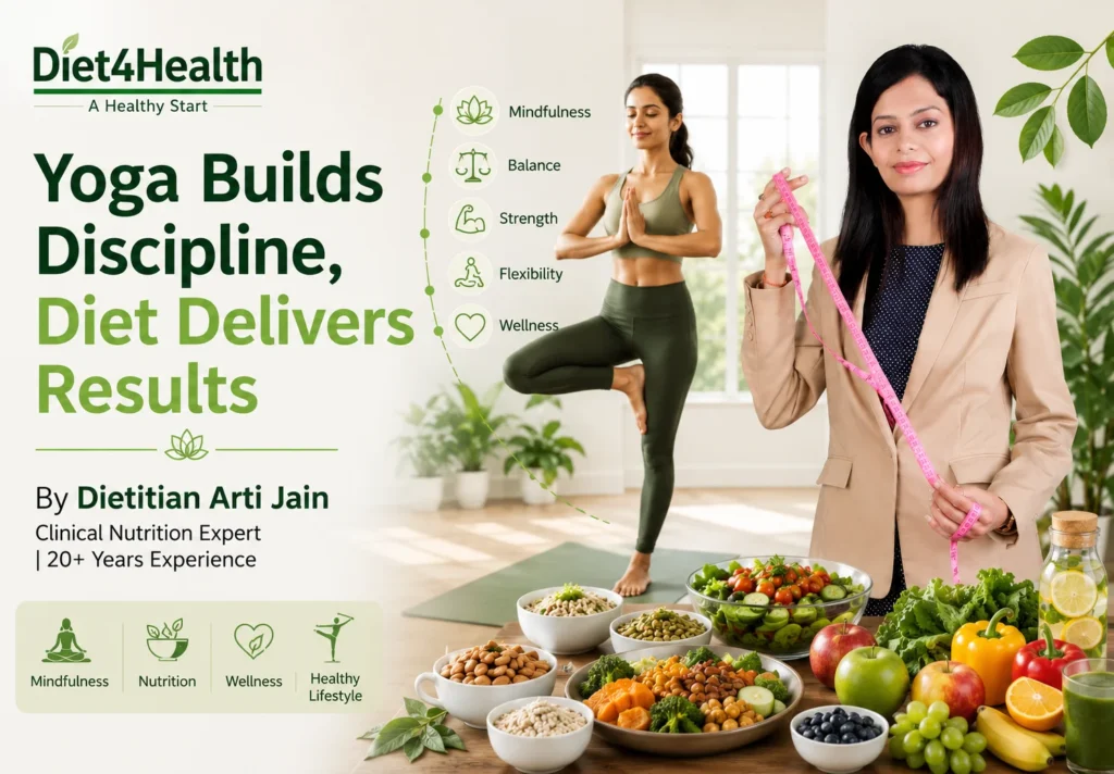Dietitian Arti Jain with healthy foods and a yoga practitioner illustrating the connection between yoga, nutrition, and holistic wellness for sustainable health results.