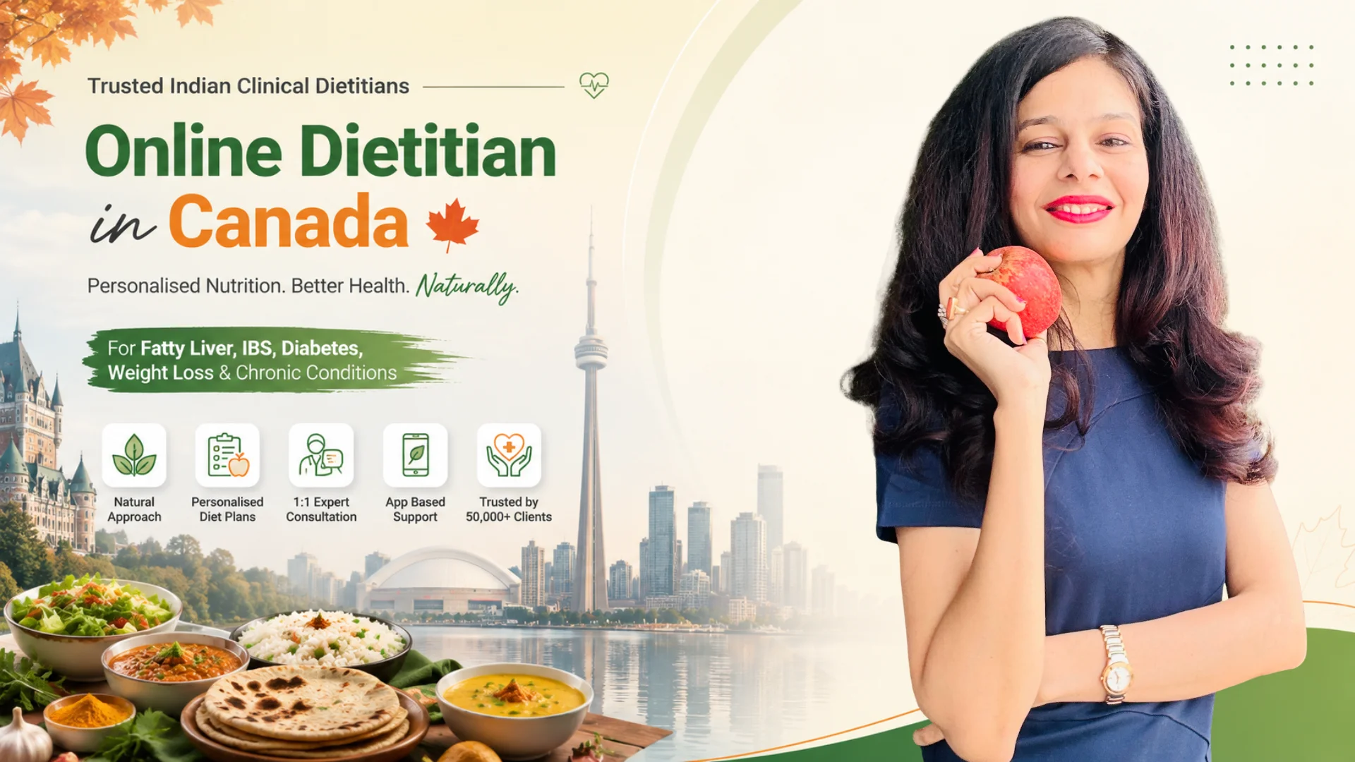Online Indian Clinical Dietitian in Canada offering personalised nutrition plans for Fatty Liver, IBS, Diabetes, Weight Loss and chronic disease management for NRIs.