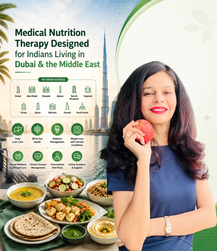 Online Clinical Dietitian in Dubai and the Middle East offering personalized medical nutrition therapy for fatty liver, IBS, diabetes, weight loss, and chronic disease management.