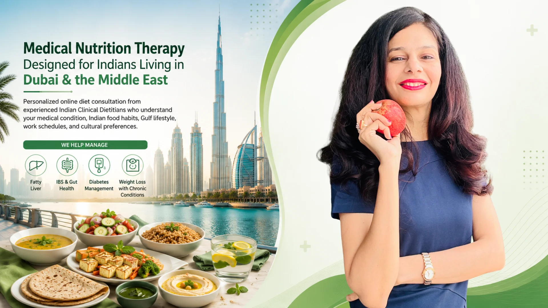 Online Clinical Dietitian in Dubai and the Middle East offering personalized medical nutrition therapy for Fatty Liver, IBS, Diabetes, and weight loss for Indians and NRIs.