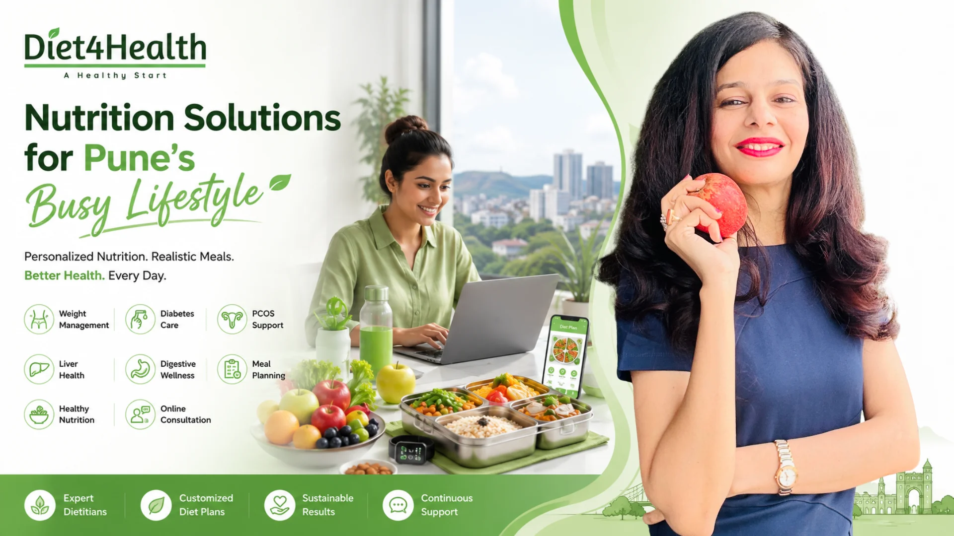 Nutrition Solutions for Pune's Busy Lifestyle by Diet4Health featuring healthy Indian meals, fresh fruits and vegetables, and online dietitian consultation with space for a real dietitian image.