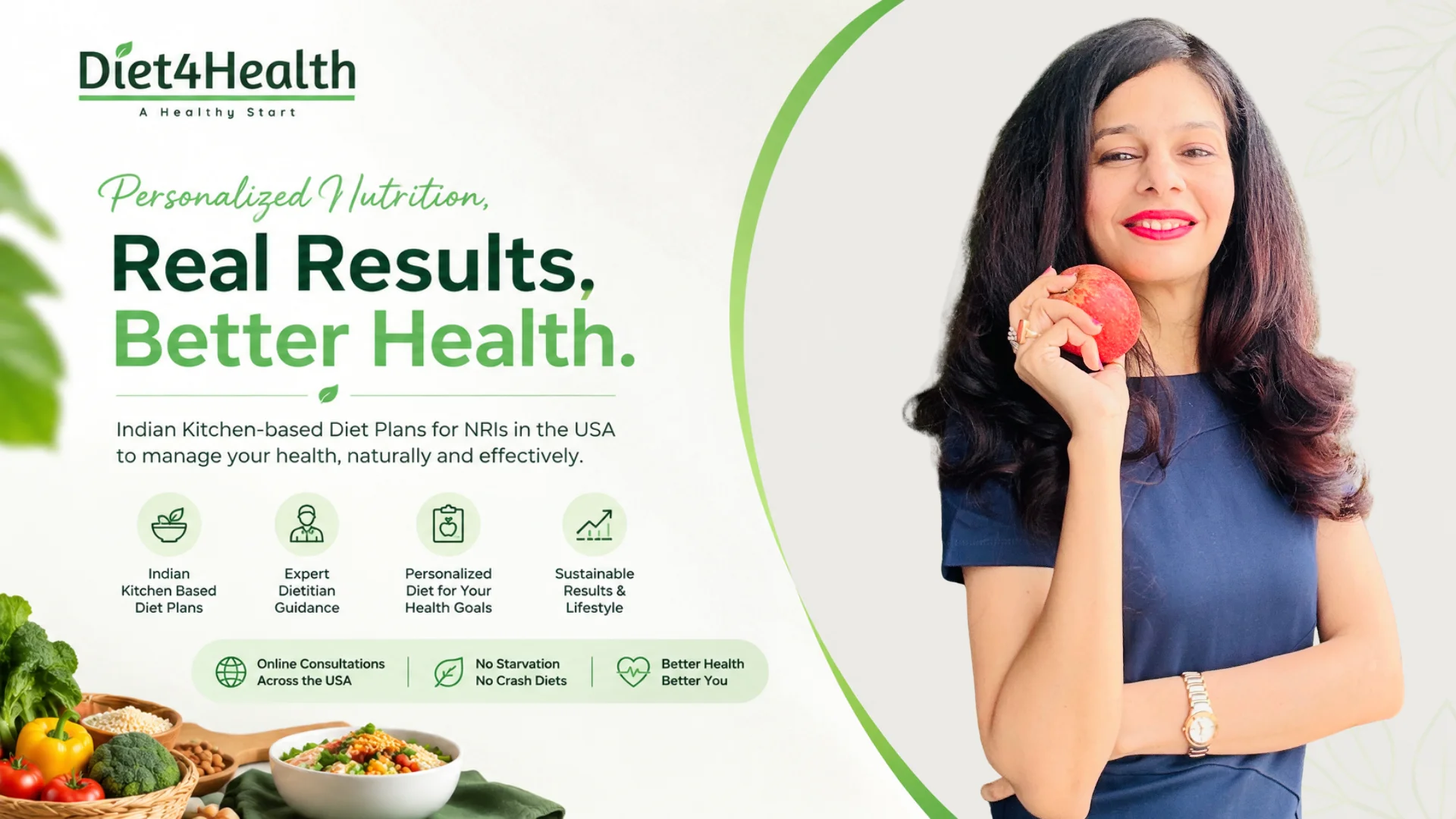 Online Indian Dietitian in the United States offering personalized Indian kitchen-based diet plans for NRIs through Diet4Health.