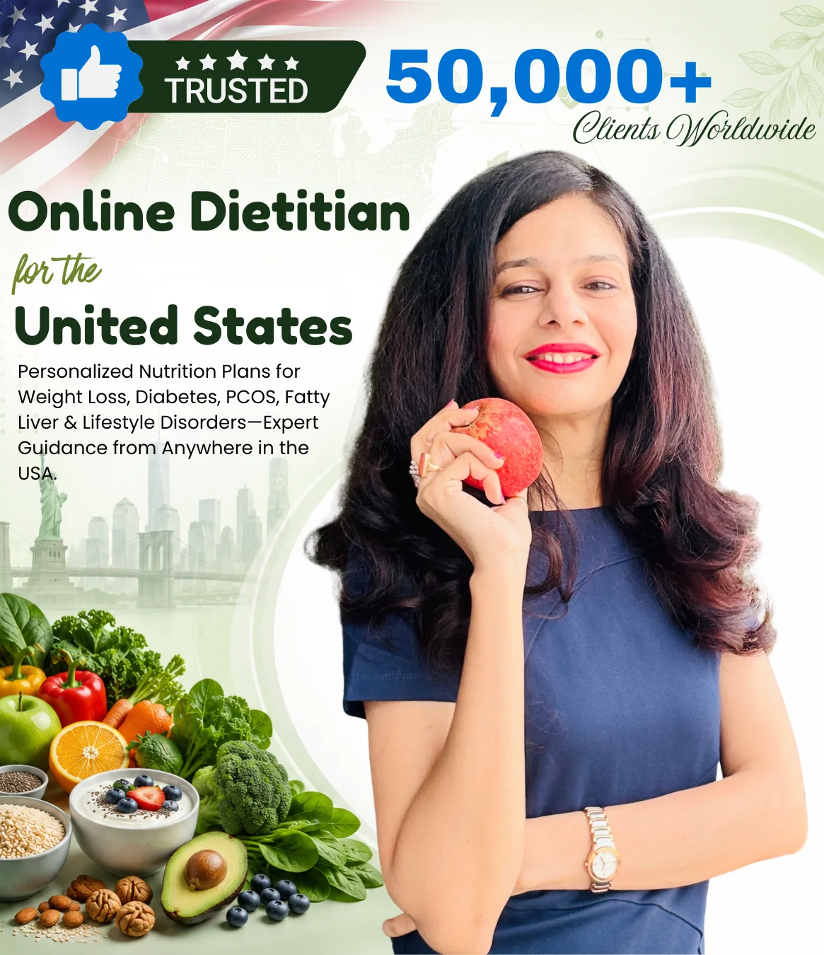 Online Dietitian in the United States by Diet4Health with healthy foods, USA-themed healthcare background, and space for expert nutrition consultation.