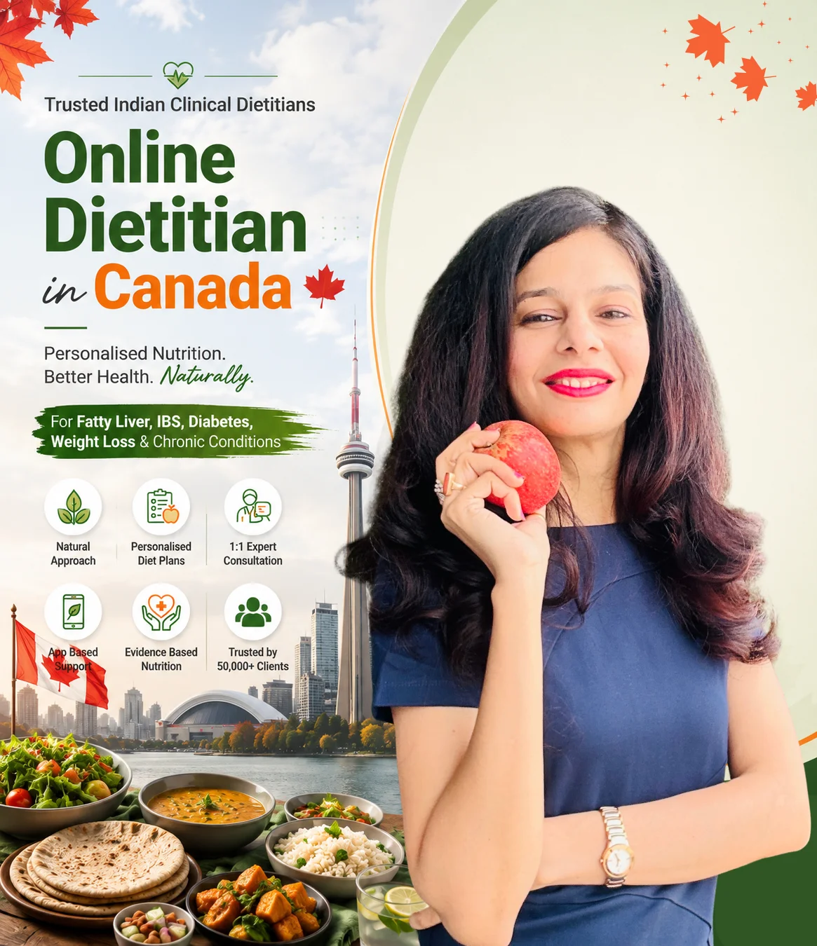 Trusted Indian Clinical Dietitian in Canada offering online nutrition consultation for Fatty Liver, IBS, Diabetes, weight loss, and chronic disease management for NRIs.