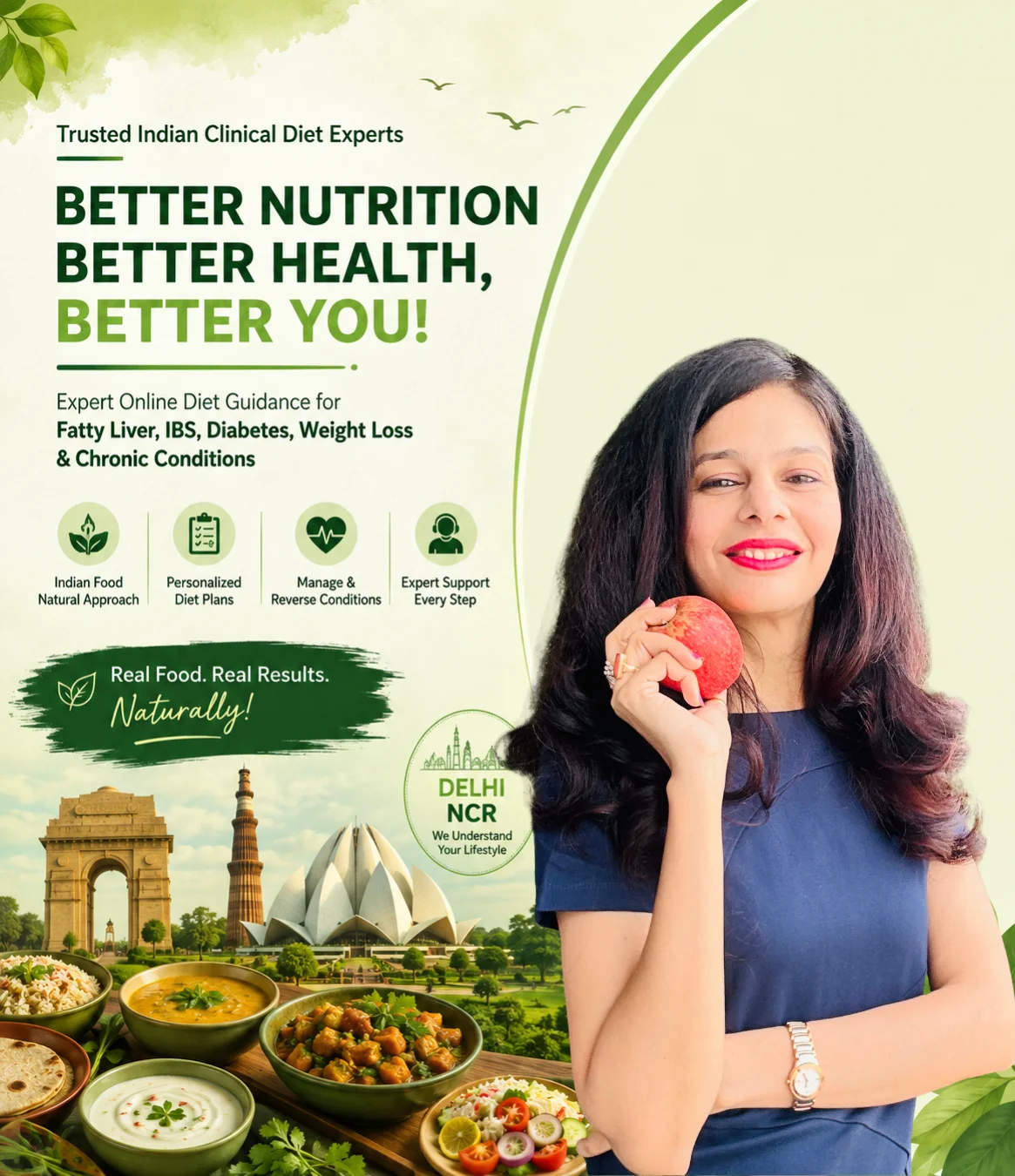 Trusted Online Clinical Dietitian in Delhi NCR offering personalized Indian diet plans for Fatty Liver, IBS, Diabetes, Weight Loss, and Chronic Disease Management.