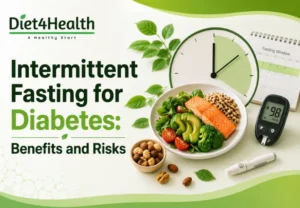 Intermittent fasting for diabetes showing healthy nutrition, fasting window and blood glucose monitoring
