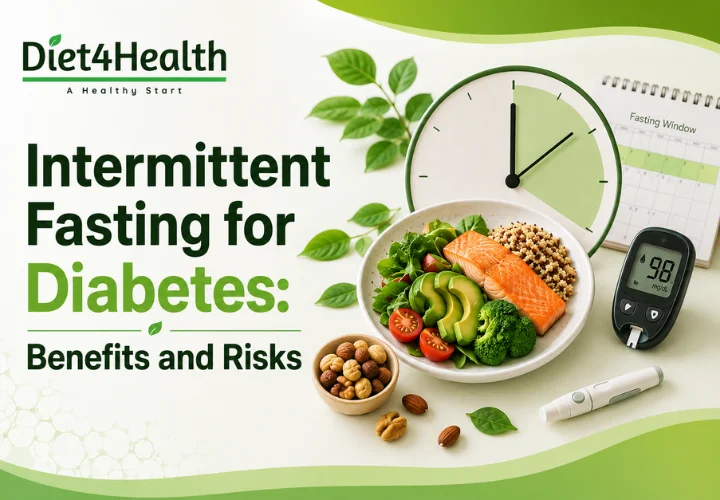 Intermittent fasting for diabetes showing healthy nutrition, fasting window and blood glucose monitoring