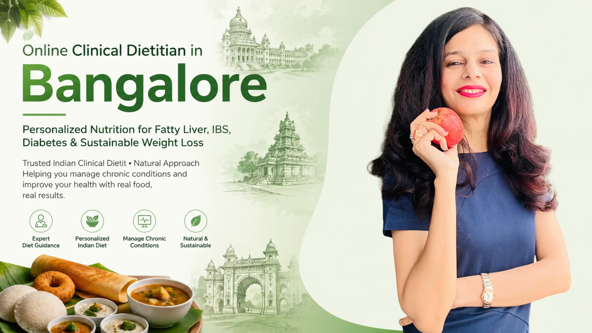 Online Clinical Dietitian in Bangalore offering personalized nutrition for Fatty Liver, IBS, Diabetes, PCOS, and sustainable weight loss with evidence-based Indian diet plans.