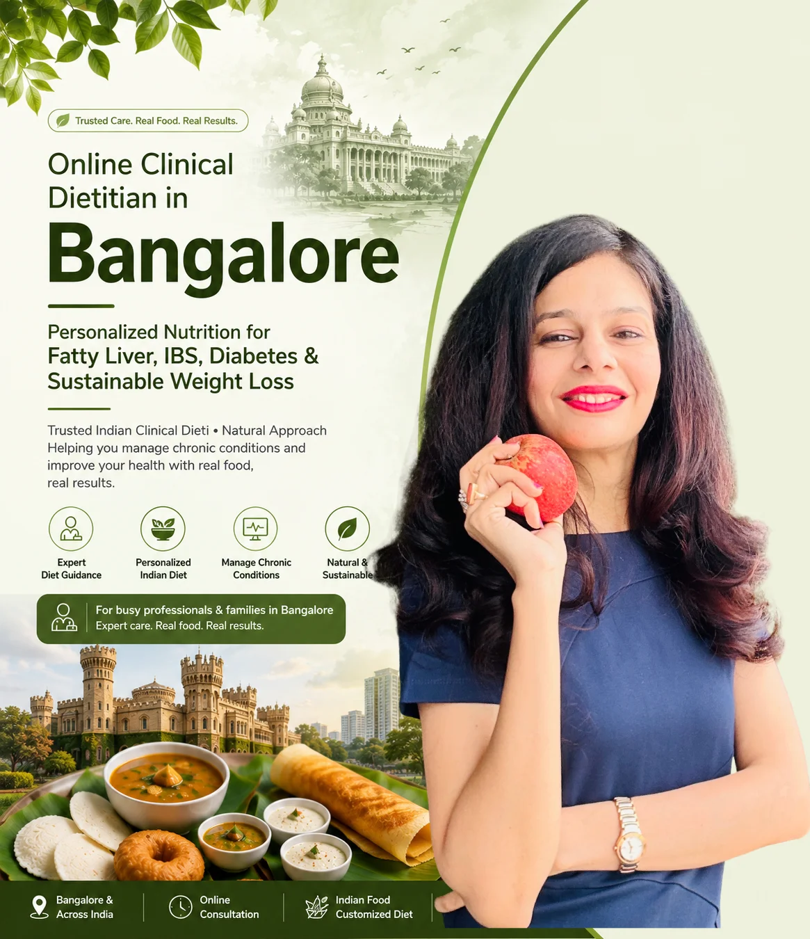Online Clinical Dietitian in Bangalore providing personalized nutrition plans for Fatty Liver, IBS, Diabetes, and sustainable weight loss with a natural Indian diet approach.