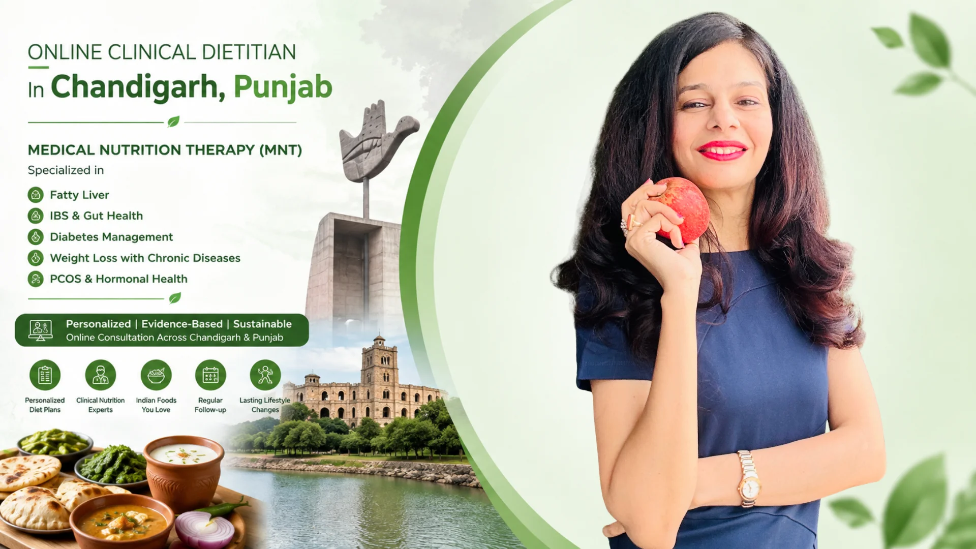 Online Clinical Dietitian in Chandigarh, Punjab offering Medical Nutrition Therapy (MNT) for Fatty Liver, IBS, Diabetes, Weight Loss, PCOS and Gut Health with personalized Indian diet plans.