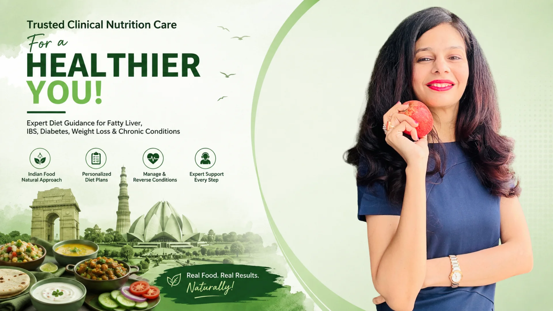 Online Clinical Dietitian in Delhi NCR providing personalized nutrition plans for Fatty Liver, IBS, Diabetes, weight loss, and chronic disease management using natural Indian foods.