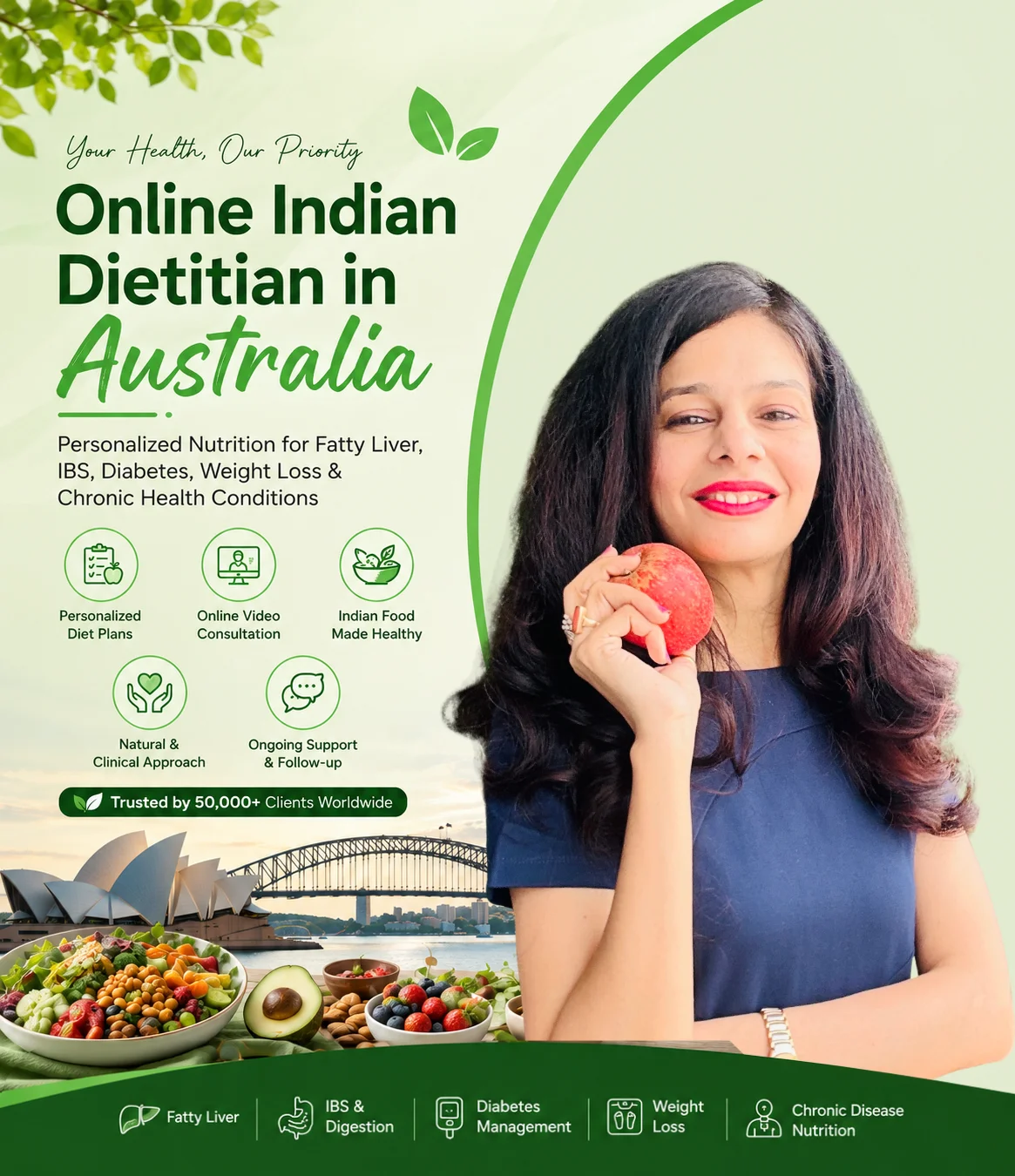 Online Indian Clinical Dietitian in Australia providing personalized nutrition plans for Fatty Liver, IBS, Diabetes, Weight Loss and chronic disease management with healthy Indian food.